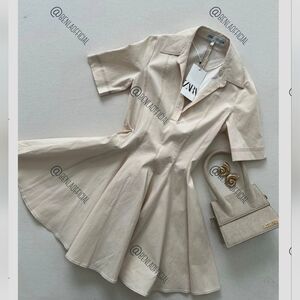 NWT ZARA POLO COLLAR TOPSTITCH DRESS ZW COLLECTION mini beige dress